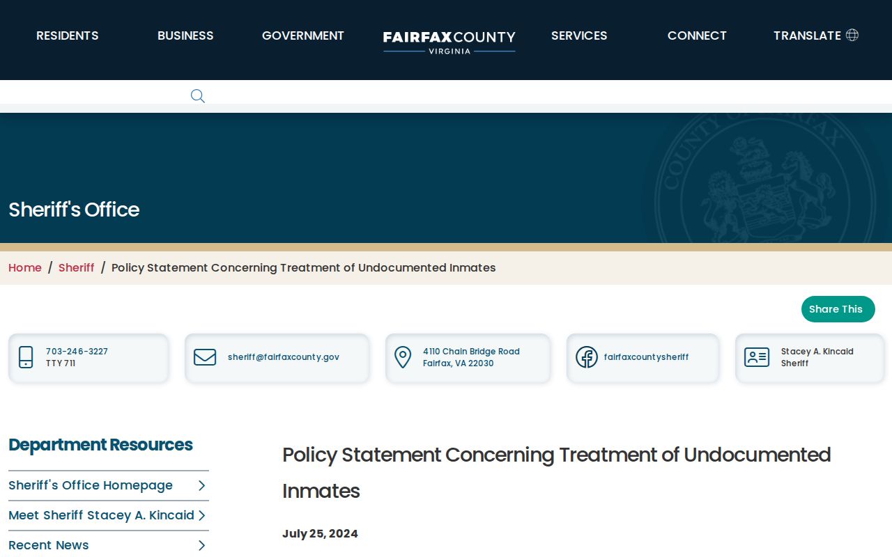 Fairfax County Adult Detention Center release and judicial immigration warrant policy