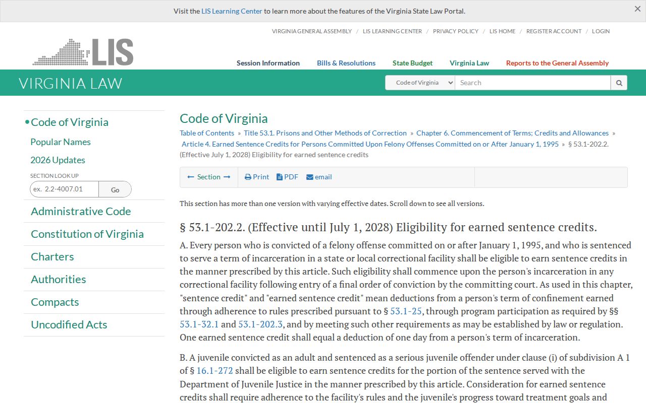 Fairfax County projected release date Virginia earned-credit eligibility statute