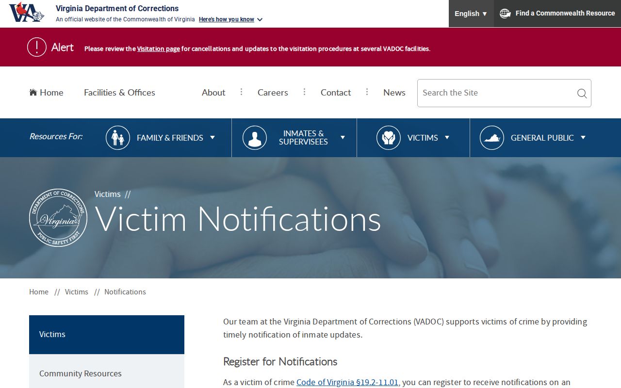 VADOC NAAVI state release notifications for Fairfax County cases